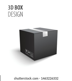 Black closed carton delivery packaging 3d box with fragile signs isolated on white background vector illustration.