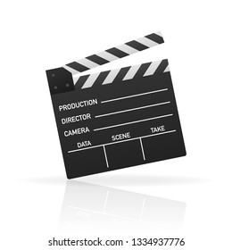 Black closed clapperboard. Black cinema slate board, device used in filmmaking and video production. Realistic vector stock illustration.