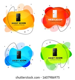 Black Closed door icon isolated on white background. Set abstract banner with liquid shapes. Vector Illustration