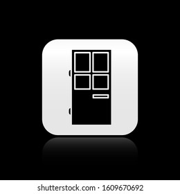 Black Closed door icon isolated on black background. Silver square button. Vector Illustration