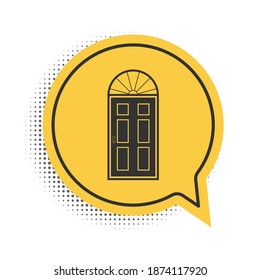 Black Closed door icon isolated on white background. Yellow speech bubble symbol. Vector.