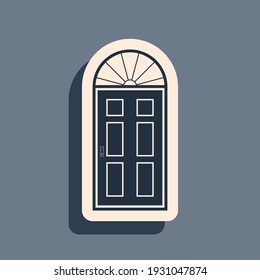 Icono de puerta cerrada negra aislado en fondo gris. Estilo de sombra larga. Ilustración vectorial