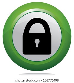 Black closed lock icon. Isolated green round web button. 