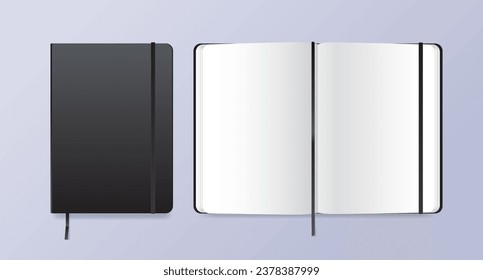 Black closed and open realistic notepad. Vector illustration