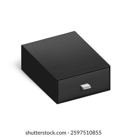 Black closed slider drawer box with rope pull mockup. Vector illustration isolated on white background.  Can be use for gift box, luxury, cosmetics, and other goods. EPS10.