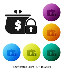 Black Closed wallet with lock icon isolated on white background. Locked wallet. Security, safety, protection concept. Concept of a safe payment. Set icons colorful circle buttons. Vector Illustration