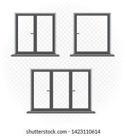 Black closed windows template set on transparent background. Home outdoor exterior element. Architecture window build object