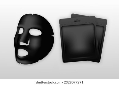 Black cloth Face Mask, cosmetic treatments, rejuvenation. Skin care, cosmetic product for facial care. Realistic vector illustration.