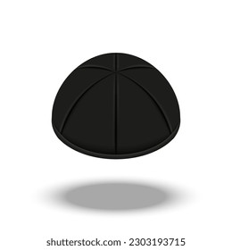 A black cloth kippah is a brimless cap traditionally worn by Jewish males isolated on white background back view, 3d realistic vector clipart, Orthodox Jewish symbol object.