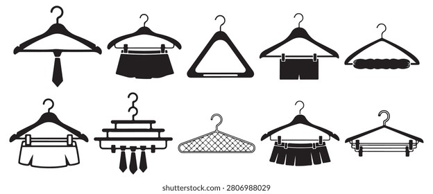 Black Clothes Hanger Silhouette Set – Plastic, Wire and Clip Hanger Styles for Retail and Fashion Design