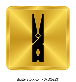 black clothes peg - black vector icon;  gold button