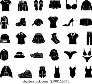 Black Clothes Set. Vector Illustrations T-shirt, Pants, Sneakers, Suit, Jacket, Socks, Pajamas, Shorts, Dress, Skirt, Cap, Coat, Boots, Bra, Panties, and Others