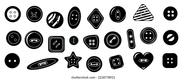 Black clothing buttons. Simple sewing textile accessories icons, round dressmaking elements for fashion design. Vector textile isolated set. Tailor items isolated collection for needlework
