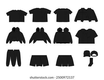 Schwarze Kleidung Mock-up-Vorlage Kleidung Mock-ups Design-Paket Blank T-Shirt Design-Hut Hoody Shorts Denim Jacke Sweatshirt Hoodie Design-Vorlage Fashion Flat Sketch Vektor Illustration Tech-Pack