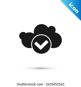 Black Cloud with check mark icon isolated on white background. Cloud storage data protection. Cloud computing.  Vector Illustration