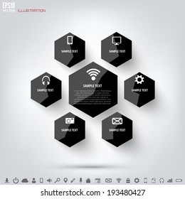 Black cloud computing background with web icons. Social network. Mobile app. Infographic elements.