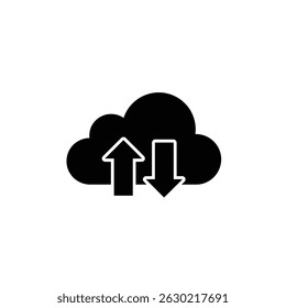Black cloud computing icon with upload and download arrows on white background