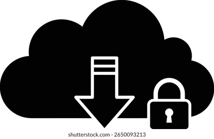 Black cloud with download arrow and padlock, isolated on white background, representing secure data transfer.