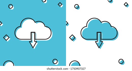 Black Cloud download icon isolated on blue and white background. Random dynamic shapes. Vector Illustration