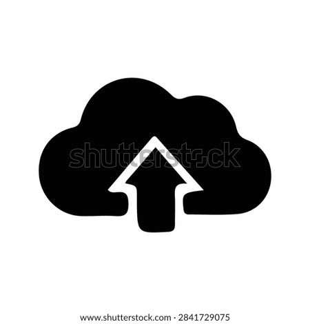 Black cloud icon featuring an upward arrow, representing cloud storage, data upload, and digital technology concepts.