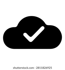 A black cloud icon featuring a white checkmark, representing cloud validation, approval, or successful cloud service status.
