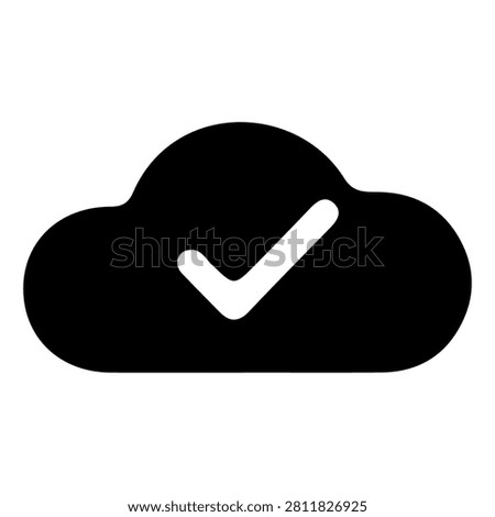A black cloud icon featuring a white checkmark, representing cloud validation, approval, or successful cloud service status.