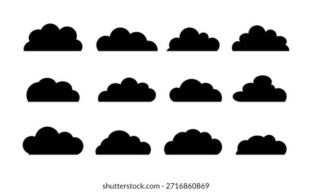 Conjunto de iconos de nube negro aislado sobre fondo blanco.