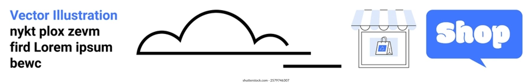 Black cloud icon with a storefront and shop speech bubble icons. Ideal for e-commerce, online shopping, cloud storage, digital marketing, web design. Banner for landing page