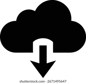 Um ícone de nuvem preta com uma seta branca apontando para baixo, representando download de dados, armazenamento em nuvem, transferência de arquivos e conectividade com a Internet. Isolado no branco.