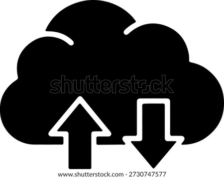 A black cloud icon with white outlined up and down arrows on a pure white background, representing data transfer
