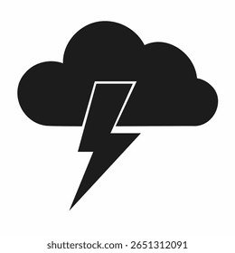 Black cloud and lightning bolt weather icon on white background