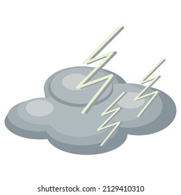 Black cloud of lightning. Rain. Storm. Black clouds. Bad weather. Negative reality. Military activity. Misfortune, trouble. Isolated on white background, vector illustration.