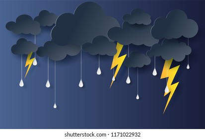 Black Cloud and Lightning rainy season on dark background.Thunder storm effects  flash outdoors.Creative origami paper cut and craft style for card.Minimal graphic rain on sky vector.illustration 