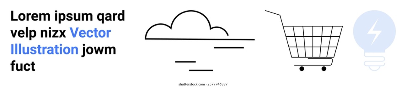 Black cloud line art with a shopping cart and lightbulb symbol in blue. Ideal for e-commerce, technology, innovation, simplicity, modern design. Banner for landing page