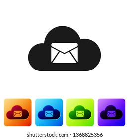 Black Cloud mail server icon isolated on white background. Cloud server hosting for email. Online message service. Mailbox sign. Set icon in color square buttons. Vector Illustration