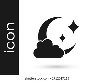 Black Cloud with moon icon isolated on white background. Cloudy night sign. Sleep dreams symbol. Night or bed time sign.  Vector