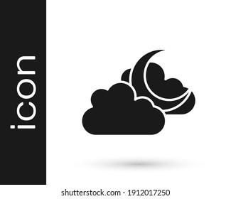 Black Cloud with moon icon isolated on white background. Cloudy night sign. Sleep dreams symbol. Night or bed time sign.  Vector