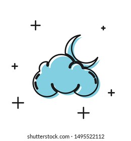 Black Cloud with moon and stars icon isolated on white background. Cloudy night sign. Sleep dreams symbol. Night or bed time sign.  Vector Illustration