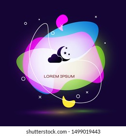 Black Cloud with moon and stars icon isolated on dark blue background. Cloudy night sign. Sleep dreams symbol. Night or bed time sign. Abstract banner with liquid shapes. Vector Illustration