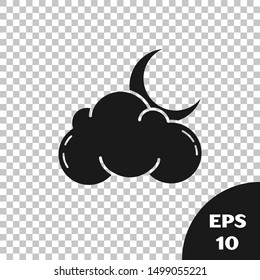 Black Cloud with moon and stars icon isolated on transparent background. Cloudy night sign. Sleep dreams symbol. Night or bed time sign.  Vector Illustration