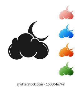 Black Cloud with moon and stars icon isolated on white background. Cloudy night sign. Sleep dreams symbol. Night or bed time sign. Set icons colorful. Vector Illustration