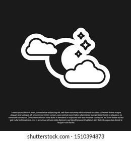 Black Cloud with moon and stars icon isolated on black background. Cloudy night sign. Sleep dreams symbol. Night or bed time sign.  Vector Illustration