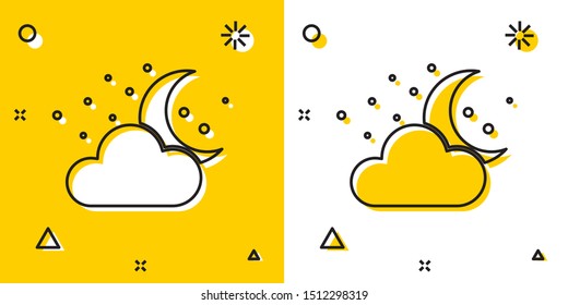 Black Cloud with moon and stars icon isolated on yellow and white background. Cloudy night sign. Sleep dreams symbol. Night or bed time sign. Random dynamic shapes. Vector Illustration