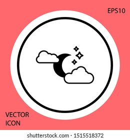 Black Cloud with moon and stars icon isolated on red background. Cloudy night sign. Sleep dreams symbol. Night or bed time sign. White circle button. Vector Illustration
