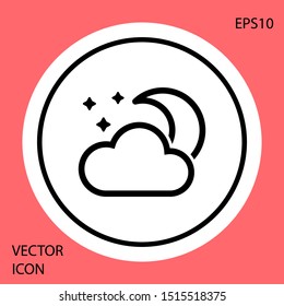 Black Cloud with moon and stars icon isolated on red background. Cloudy night sign. Sleep dreams symbol. Night or bed time sign. White circle button. Vector Illustration