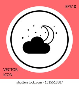 Black Cloud with moon and stars icon isolated on red background. Cloudy night sign. Sleep dreams symbol. Night or bed time sign. White circle button. Vector Illustration