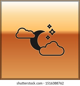 Black Cloud with moon and stars icon isolated on gold background. Cloudy night sign. Sleep dreams symbol. Night or bed time sign.  Vector Illustration
