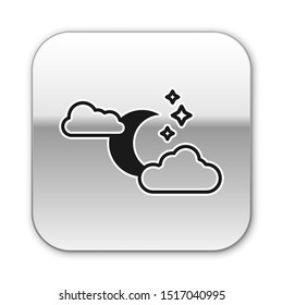 Black Cloud with moon and stars icon isolated on white background. Cloudy night sign. Sleep dreams symbol. Night or bed time sign. Silver square button. Vector Illustration