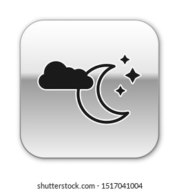 Black Cloud with moon and stars icon isolated on white background. Cloudy night sign. Sleep dreams symbol. Night or bed time sign. Silver square button. Vector Illustration