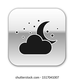 Black Cloud with moon and stars icon isolated on white background. Cloudy night sign. Sleep dreams symbol. Night or bed time sign. Silver square button. Vector Illustration